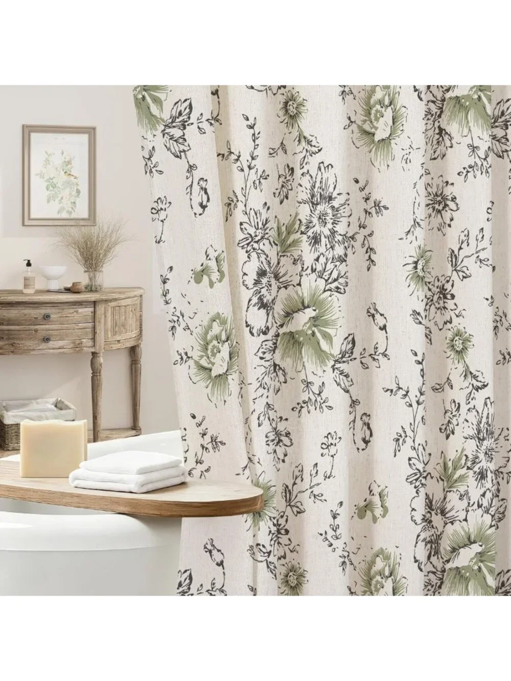 Chic Black Floral Linen Shower Curtain, Cottagecore French Country Style, 72x72